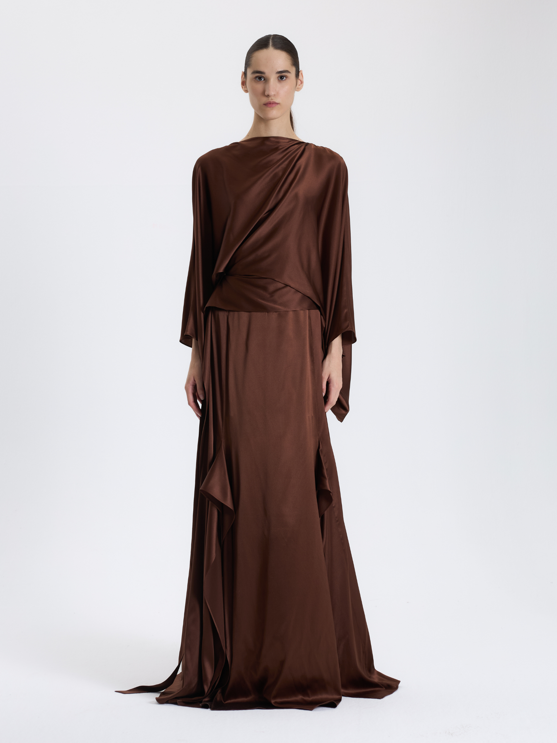 brown draped maxi dress Horizon | Brown High-Neck Maxi Dress With Draped Detailing