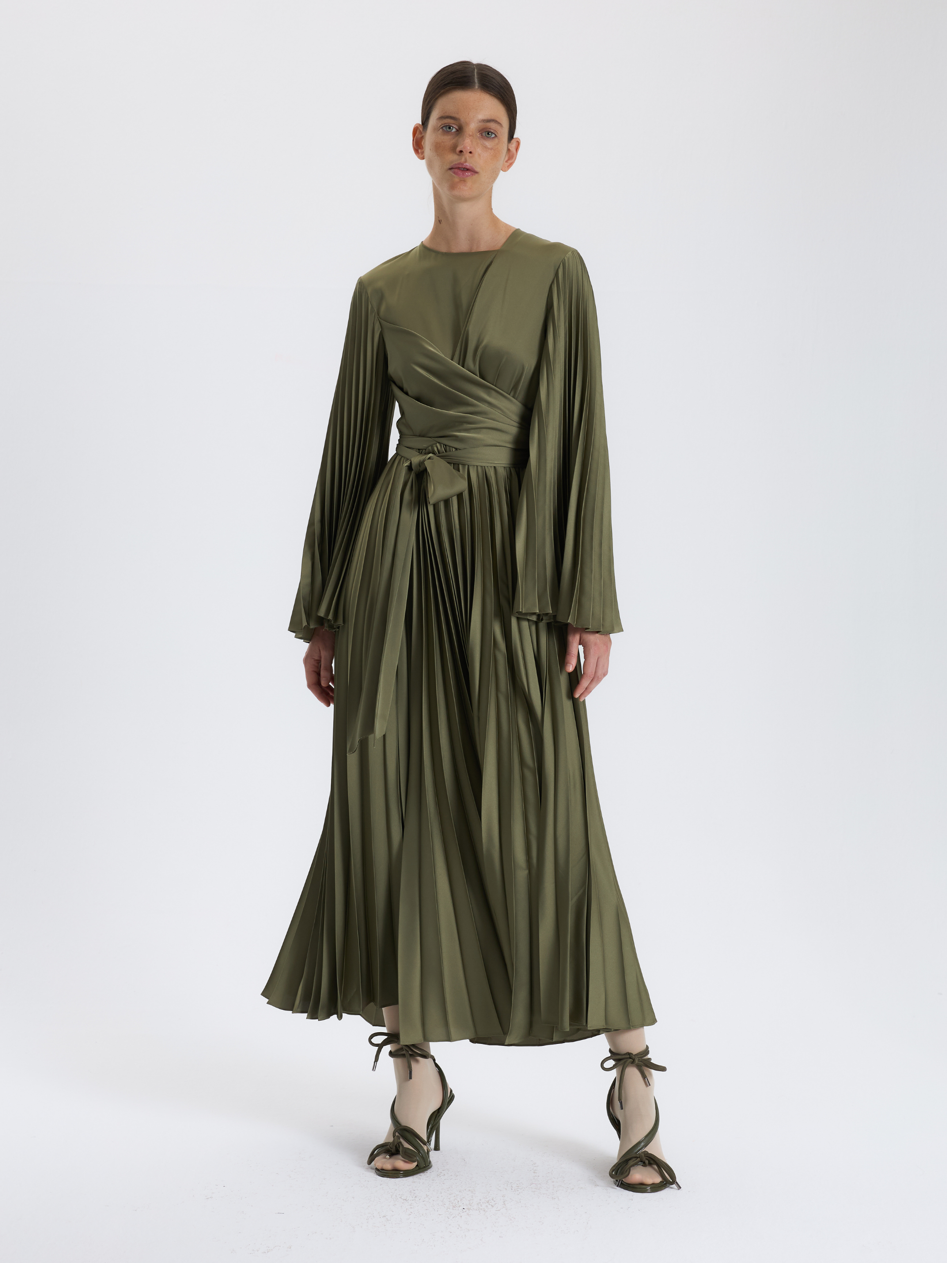 khaki pleated dress Khaki Linen Midi Shirt Dress with Pleated Fit and Flare Silhouette