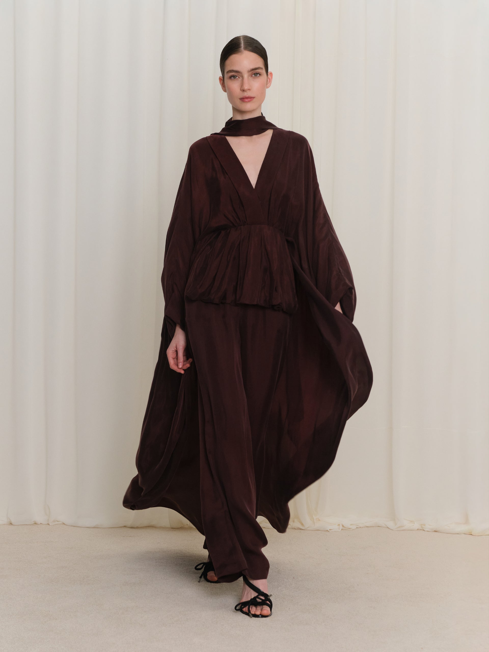 Burgundy V-Neck Blouse with Front Waist Pleat Detail