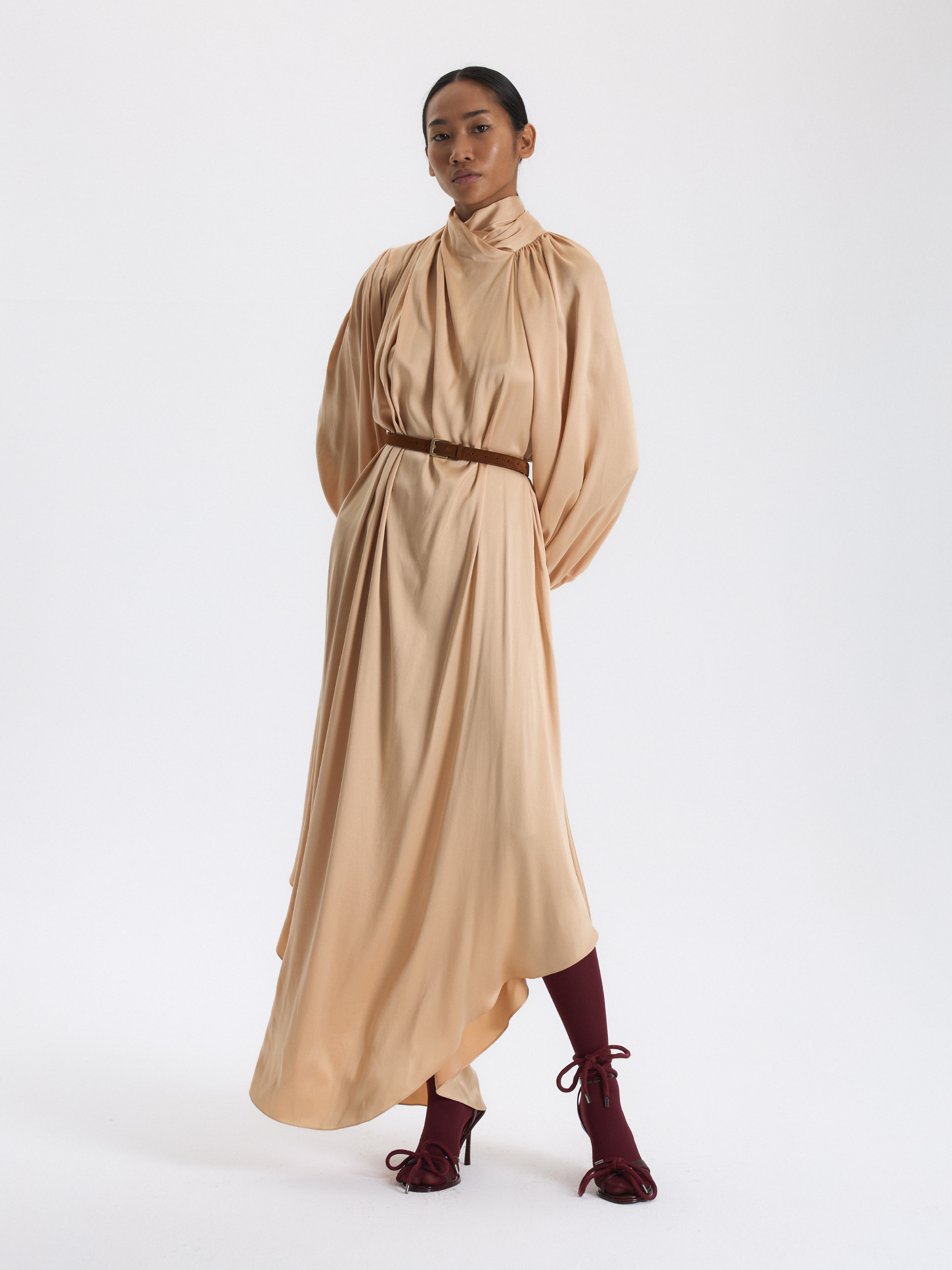 Beige Asymmetric Draped Dress BAQA Beige Asymmetric Draped Dress BAQA