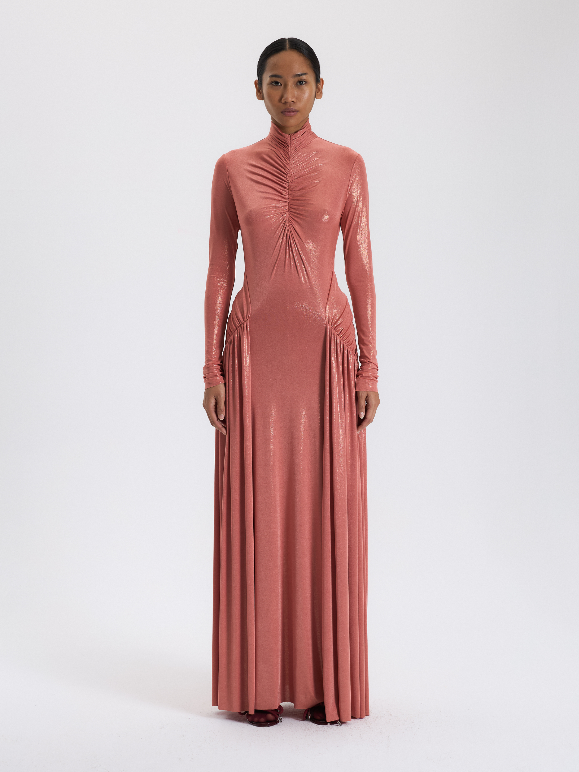 peach pleated maxi dress DOROTHEA PEACH FUZZ SILK PLEATED DRESS | CULT MIA