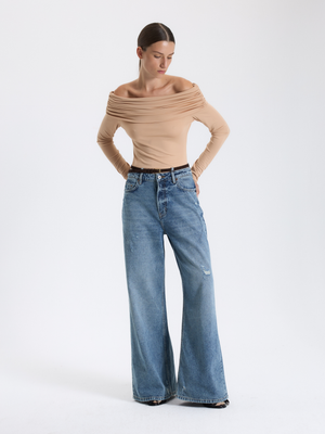 Beige Draped Shoulder Blouse 