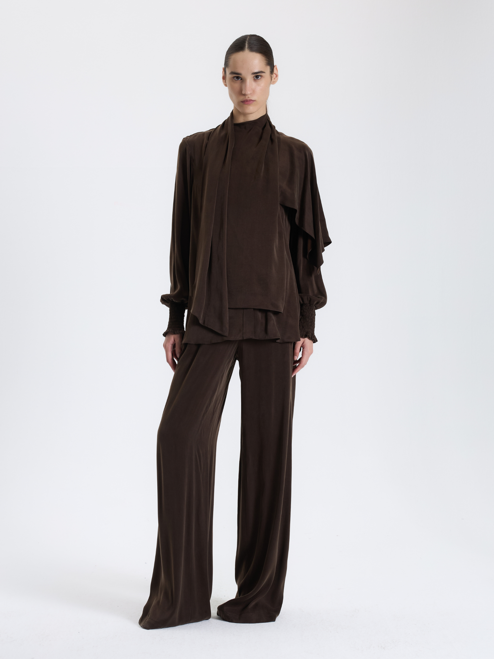 Brown Scarf Detail Blouse
