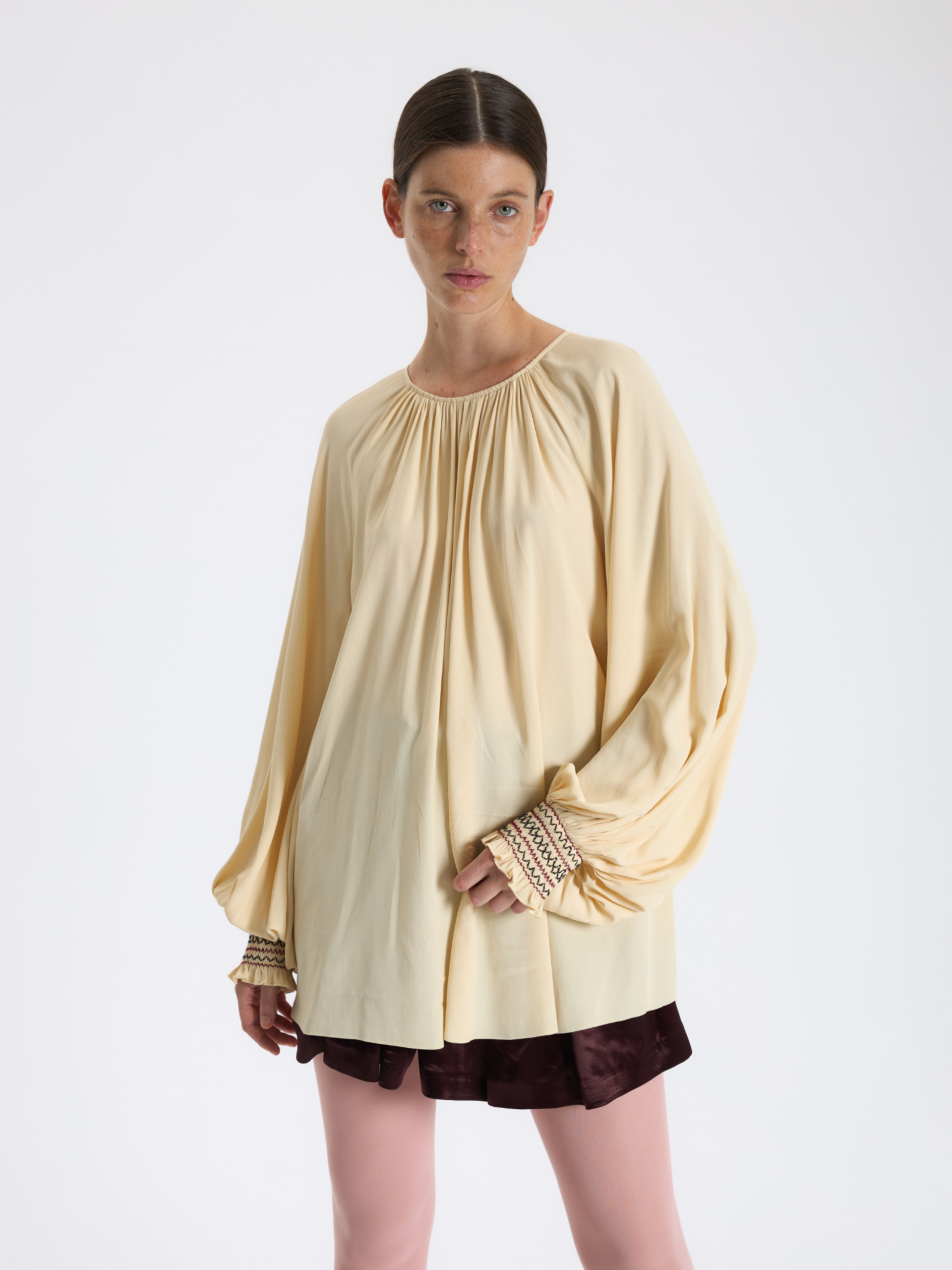 Cream Shirred Sleeve Blouse