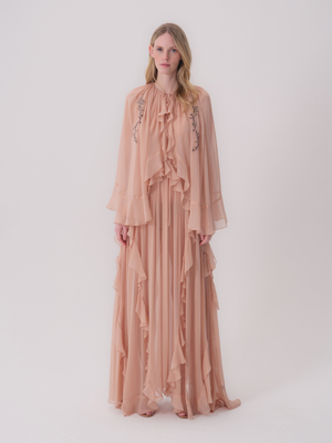 Embroidered and Ruffle-Detailed Chiffon Dress