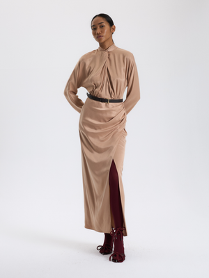 Beige Draped Long Dress 