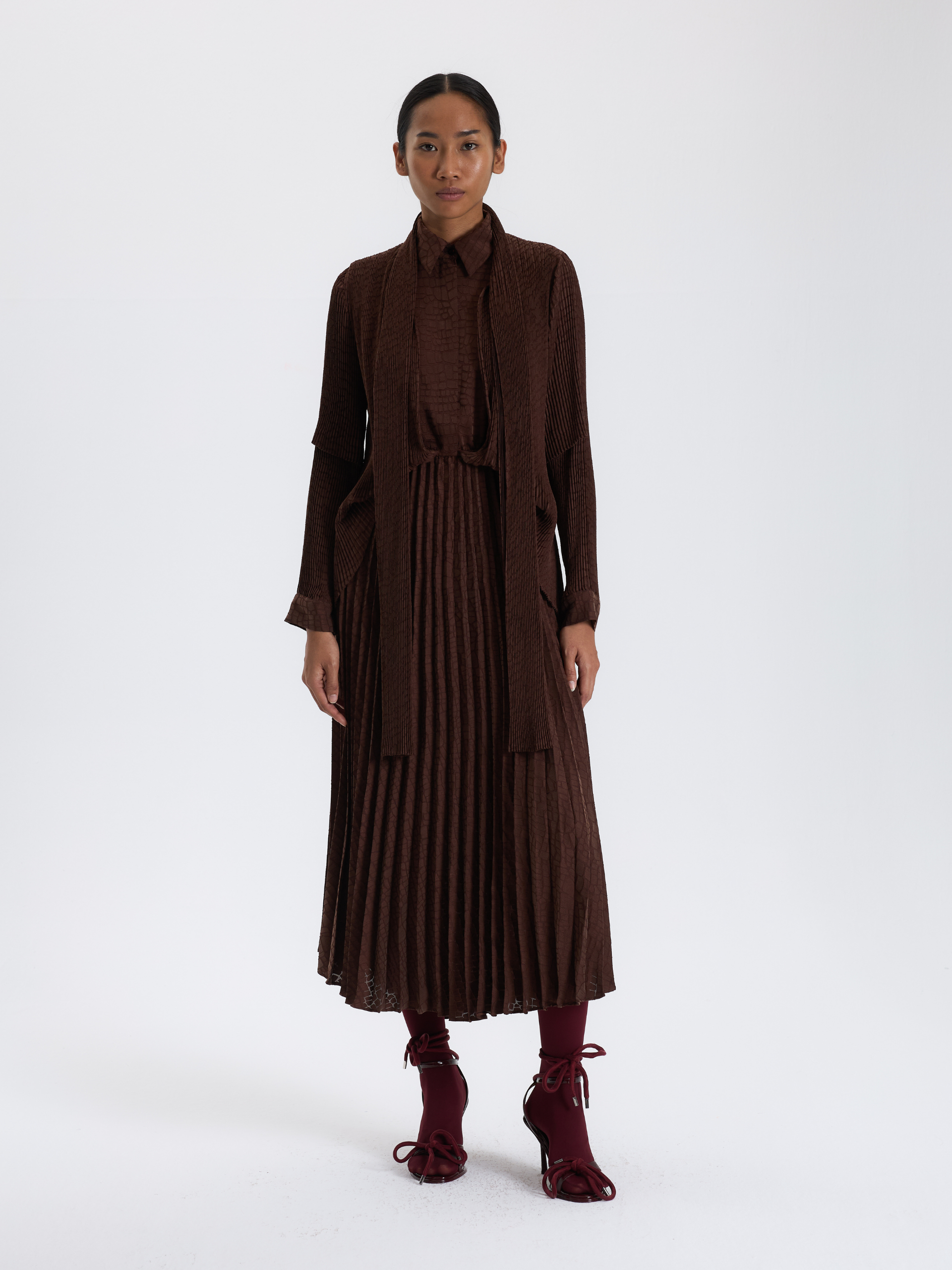 Brown Pleated Set Dress