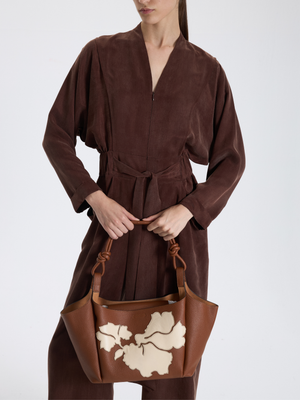 Tan Leather Bag with Floral Motif