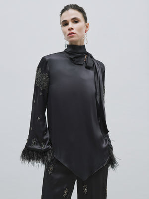 Embroidered and Feather Detailed Satin Blouse