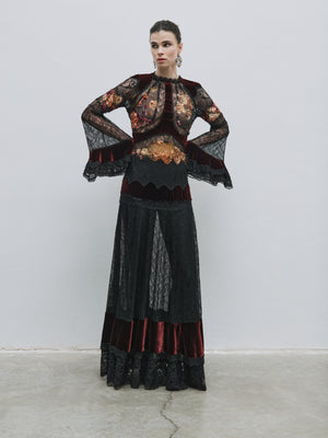 Floral Pattern Silk Burnout Velvet Dress