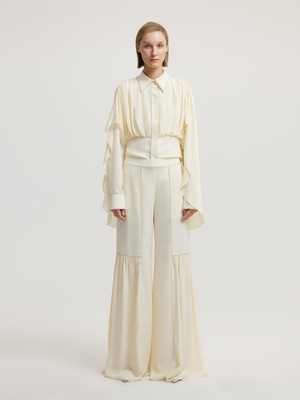Wide Leg Detail Ecru Trousers 