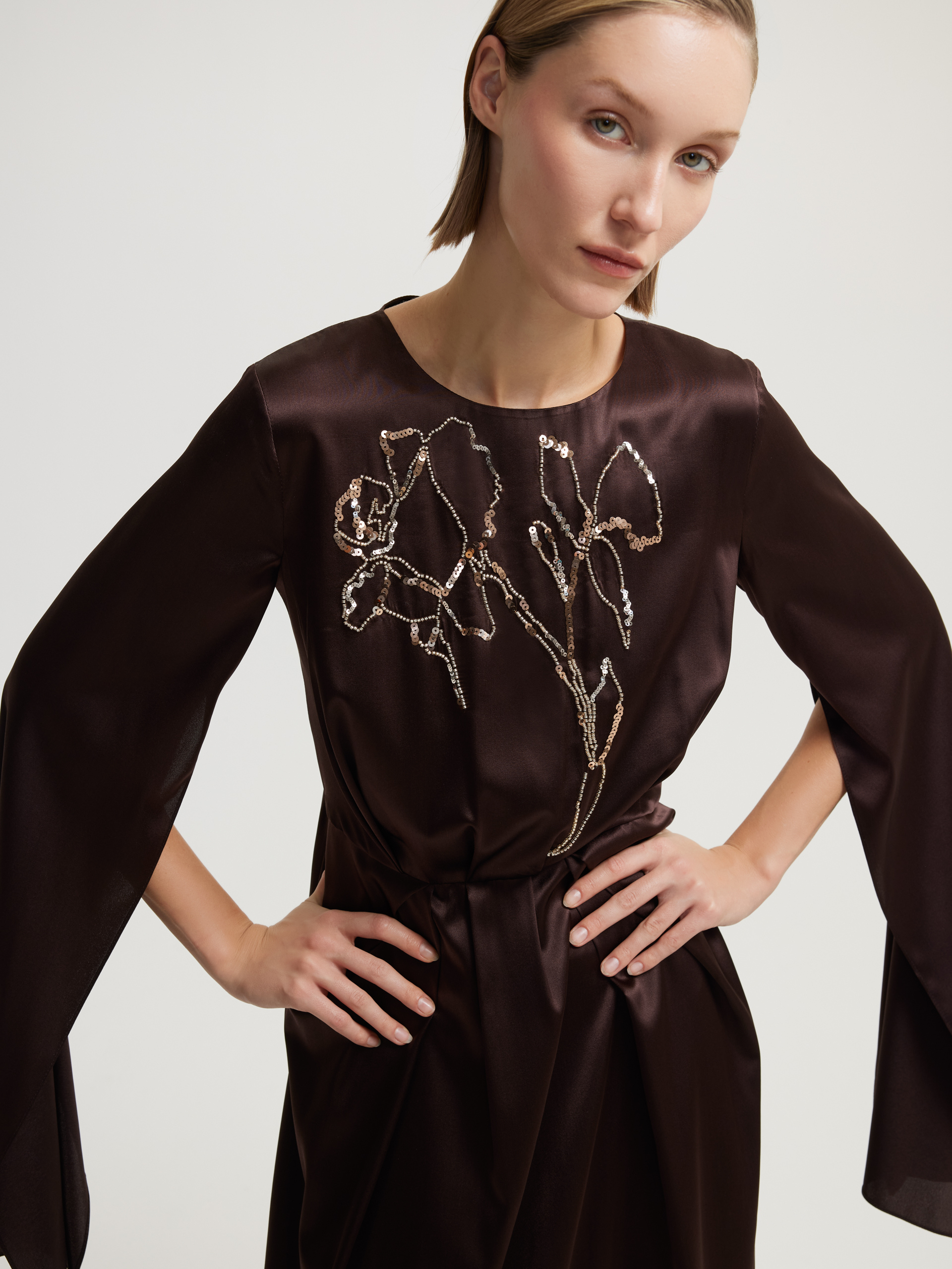 brown embroidered dress Greta Short Sleeve Embroidered Midi Dress Brown | Day Dresses