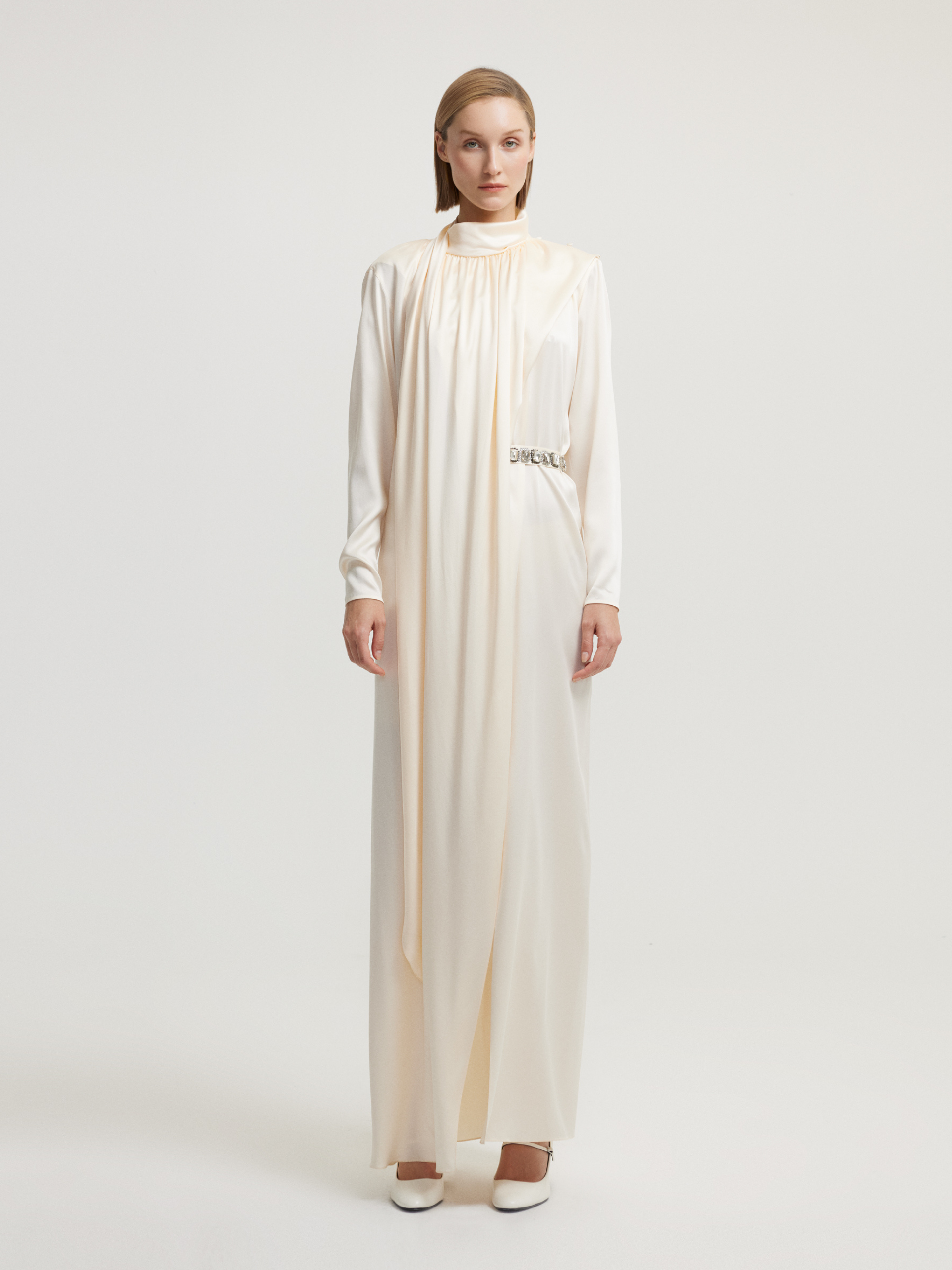 Beaded Belted Ecru Dress