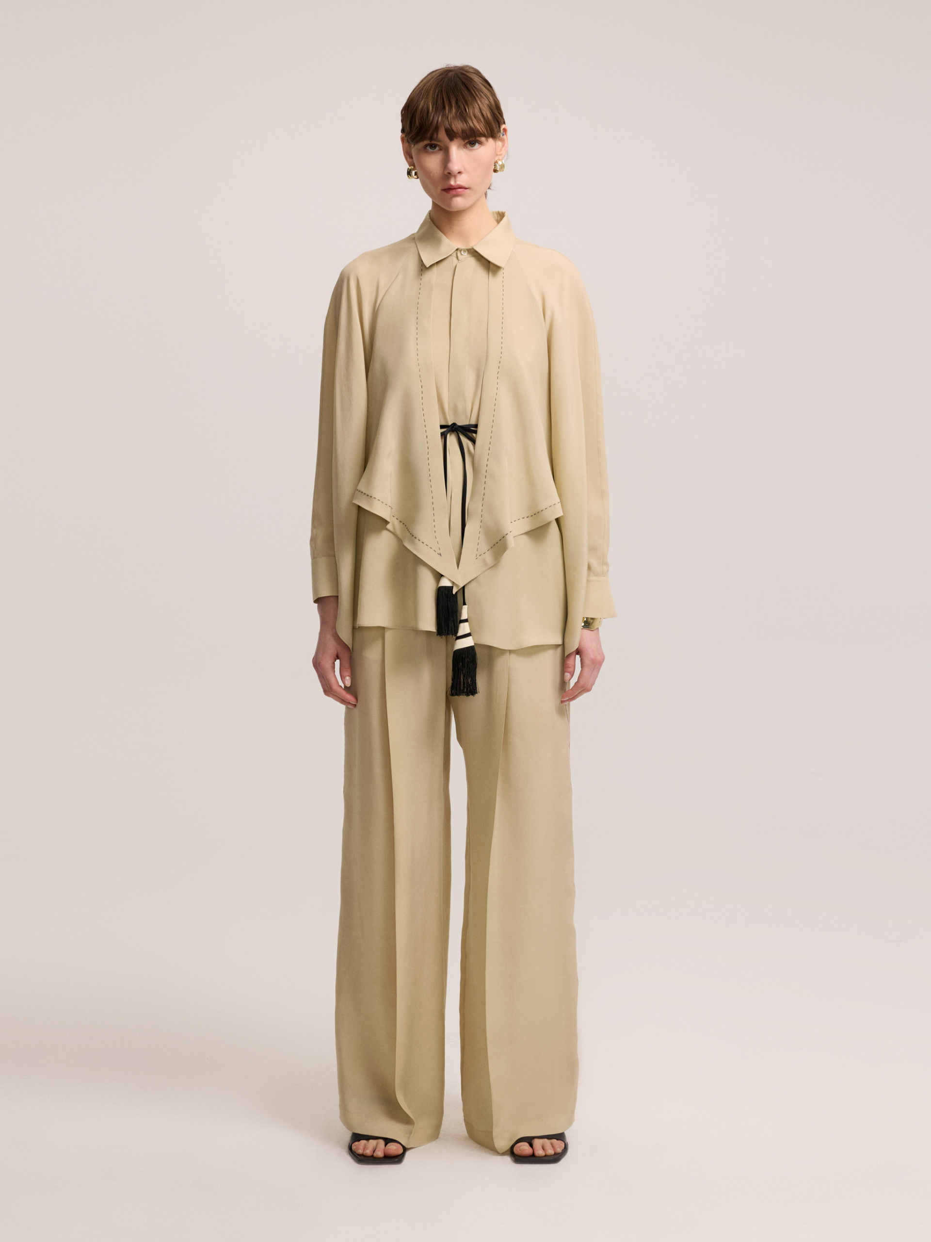 Khaki Blouse with Contrast Stitching