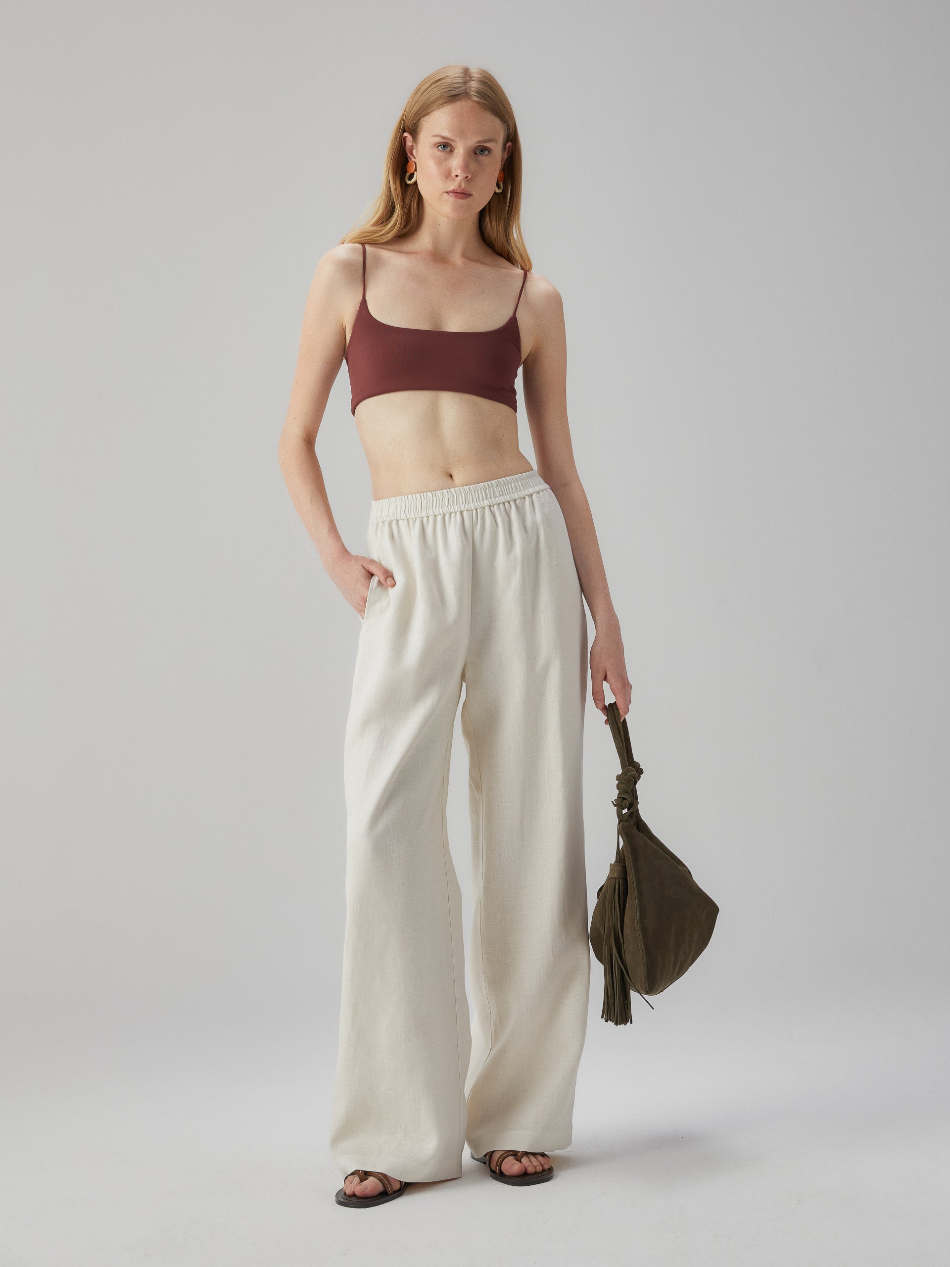 Ecru Trousers with Elastic Waist