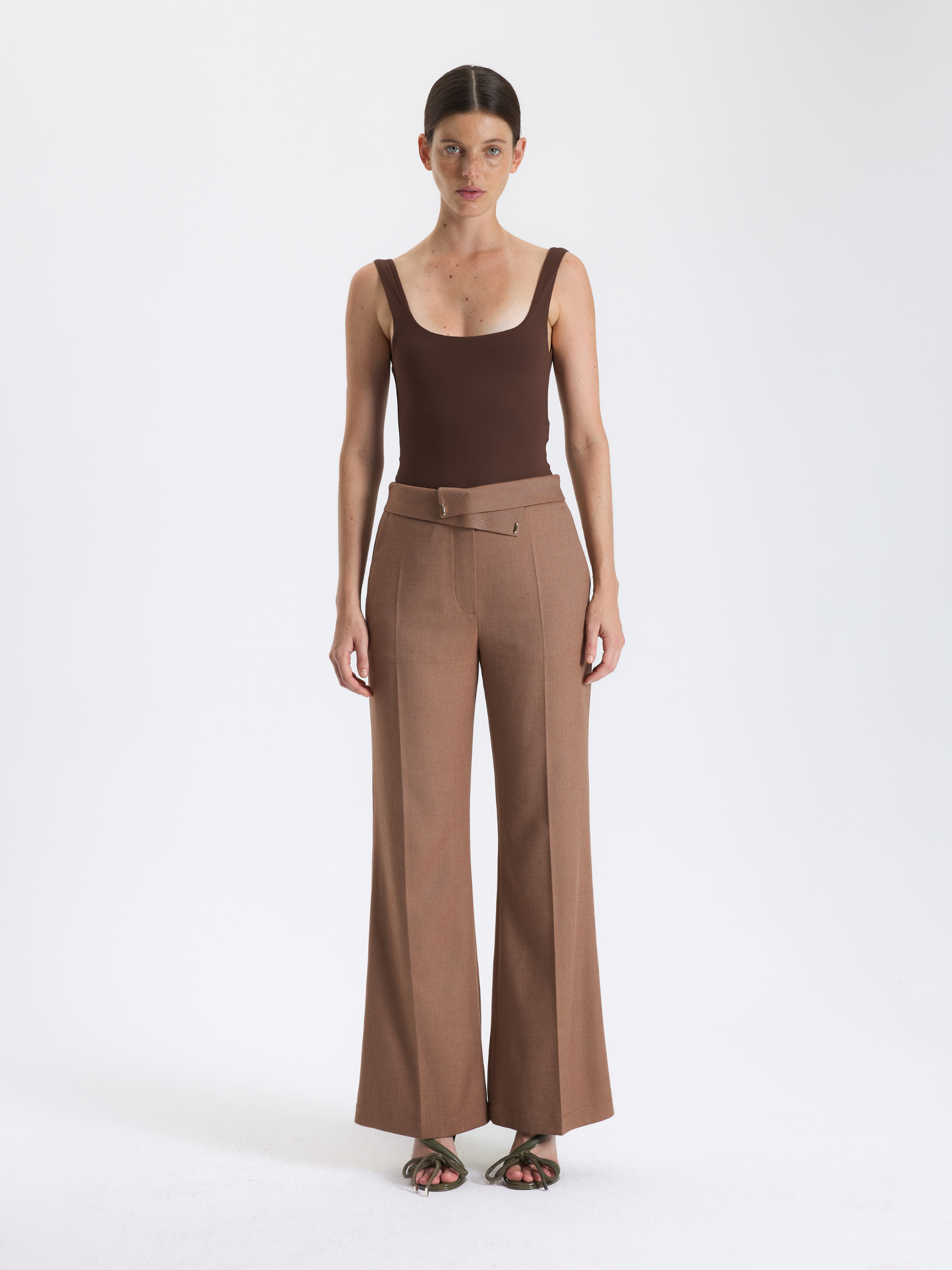 Tan Belted Wide-Leg Trousers