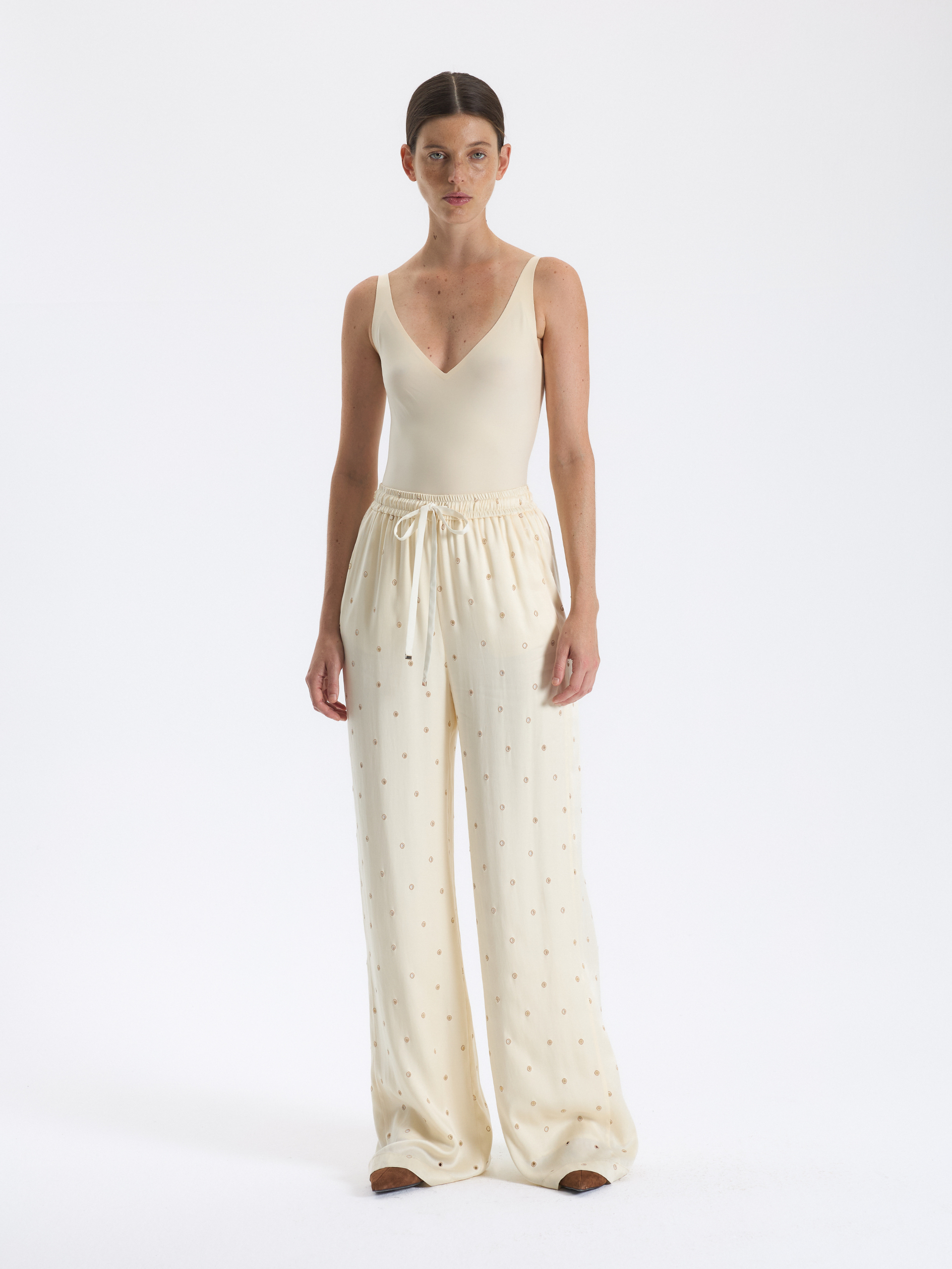 Patterned Ecru Palazzo Trousers