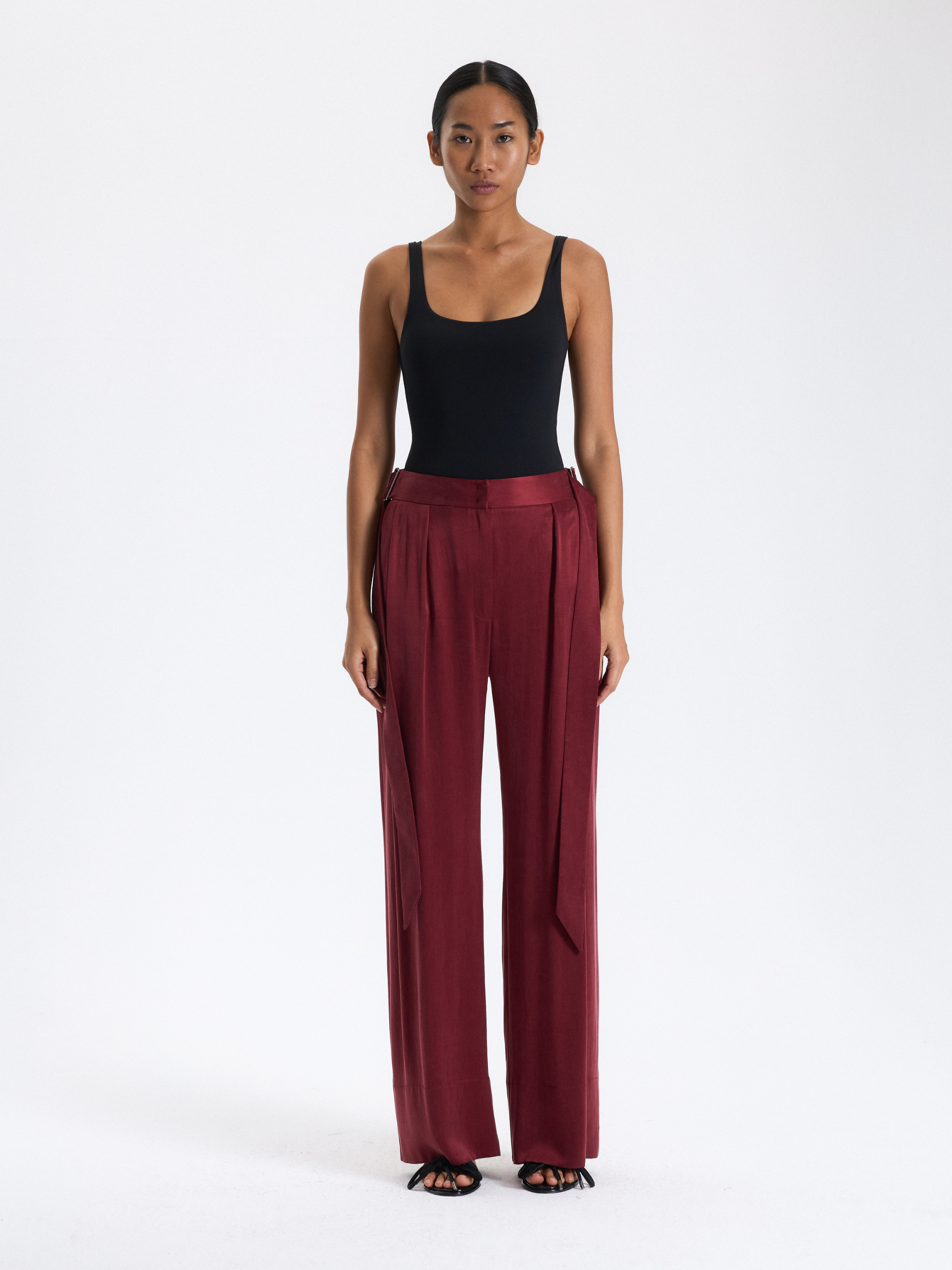 Burgundy Belted Palazzo Trousers