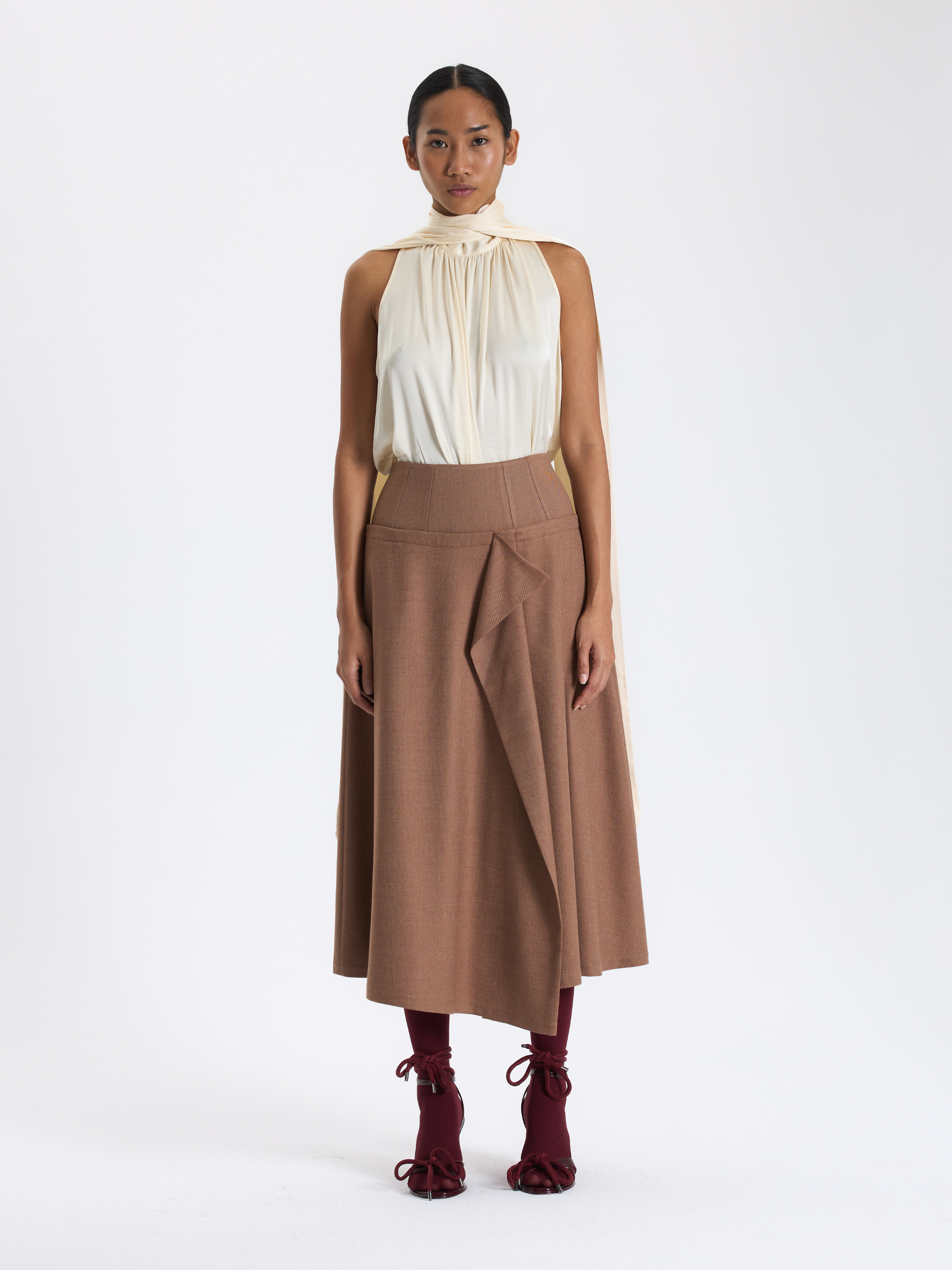 Caramel Draped Midi Skirt