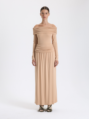 Beige Draped Maxi Skirt 