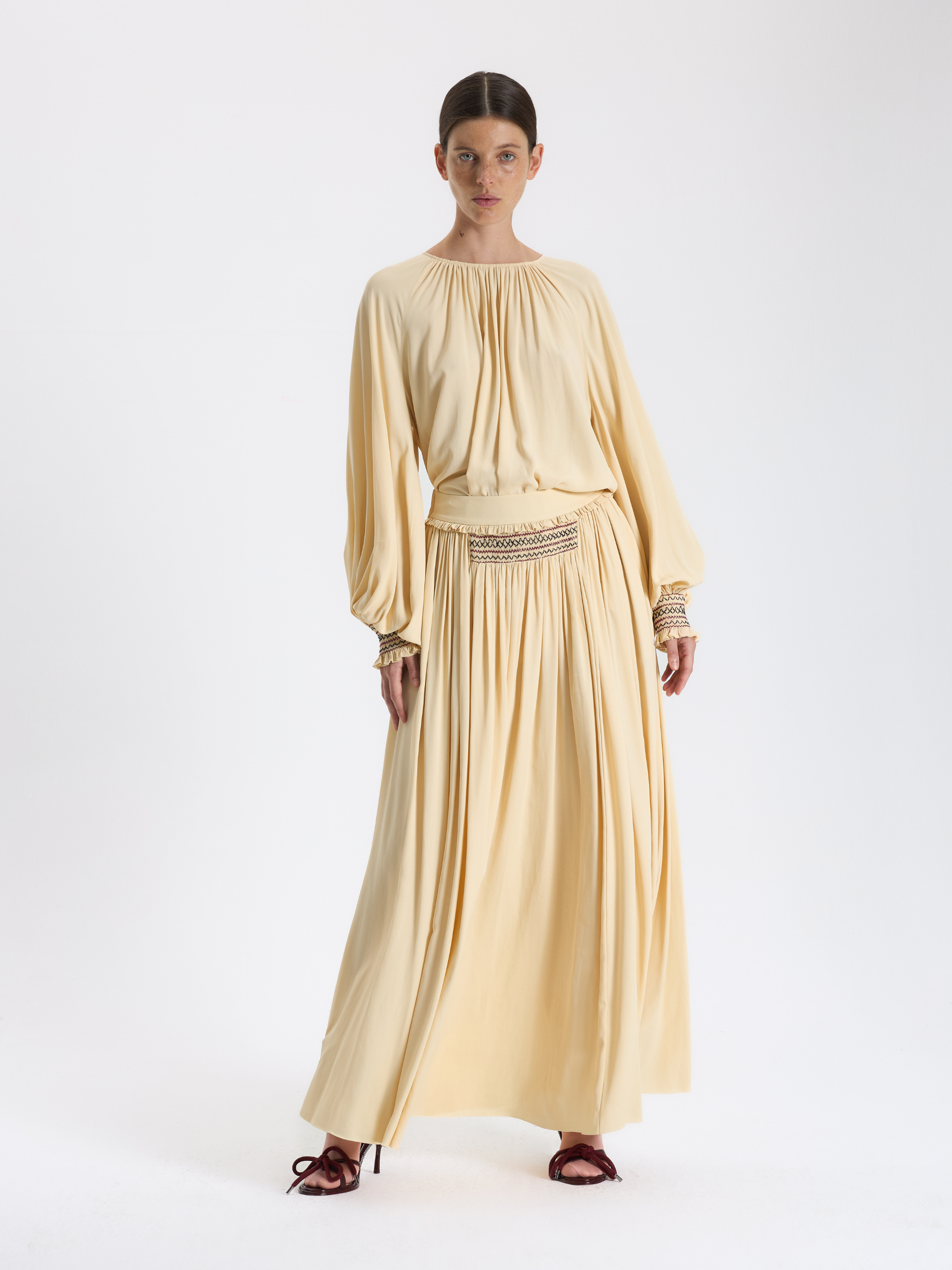 Cream Pleated Maxi Skirt