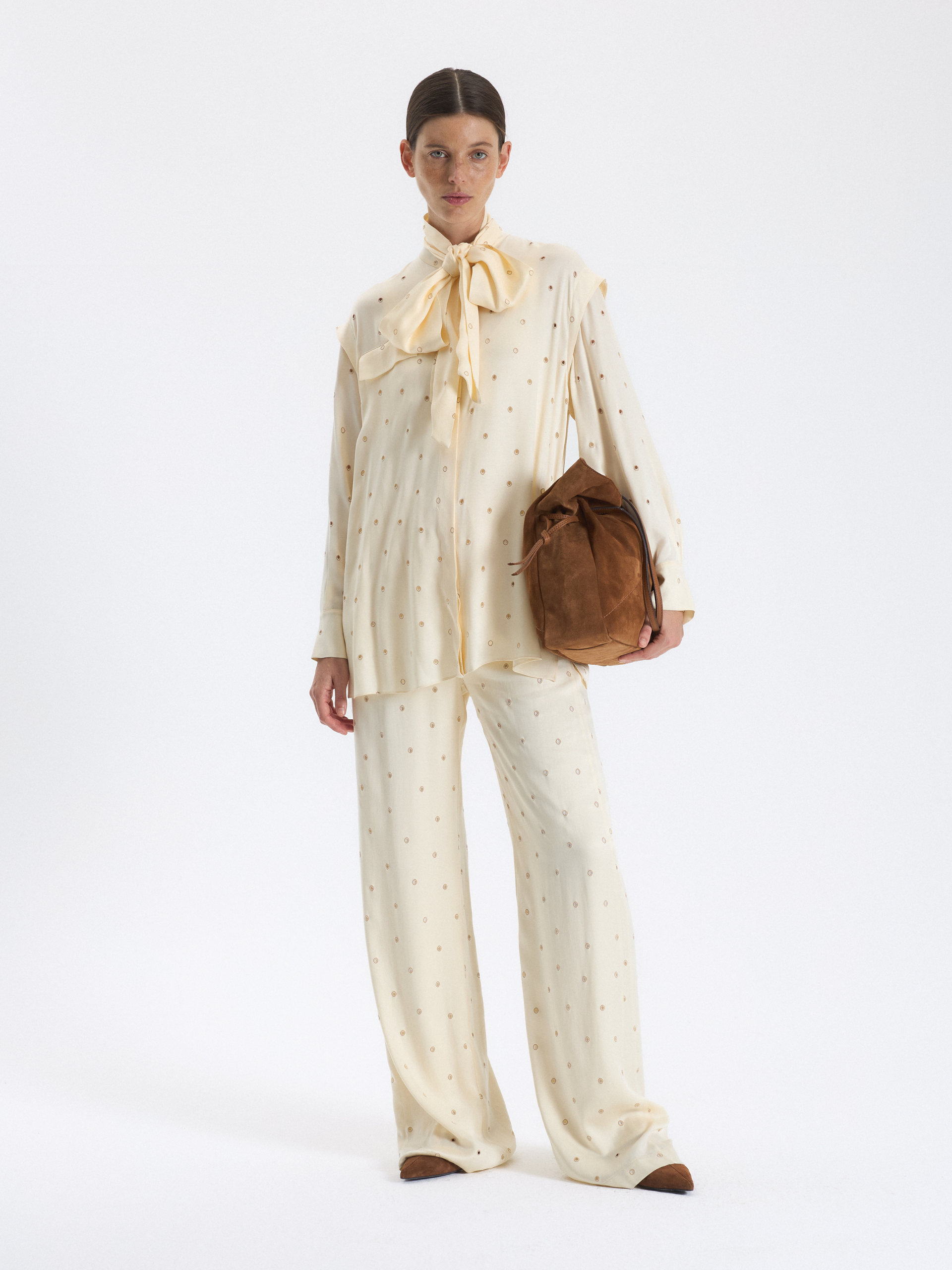 Cream Polka Dot Scarf Blouse