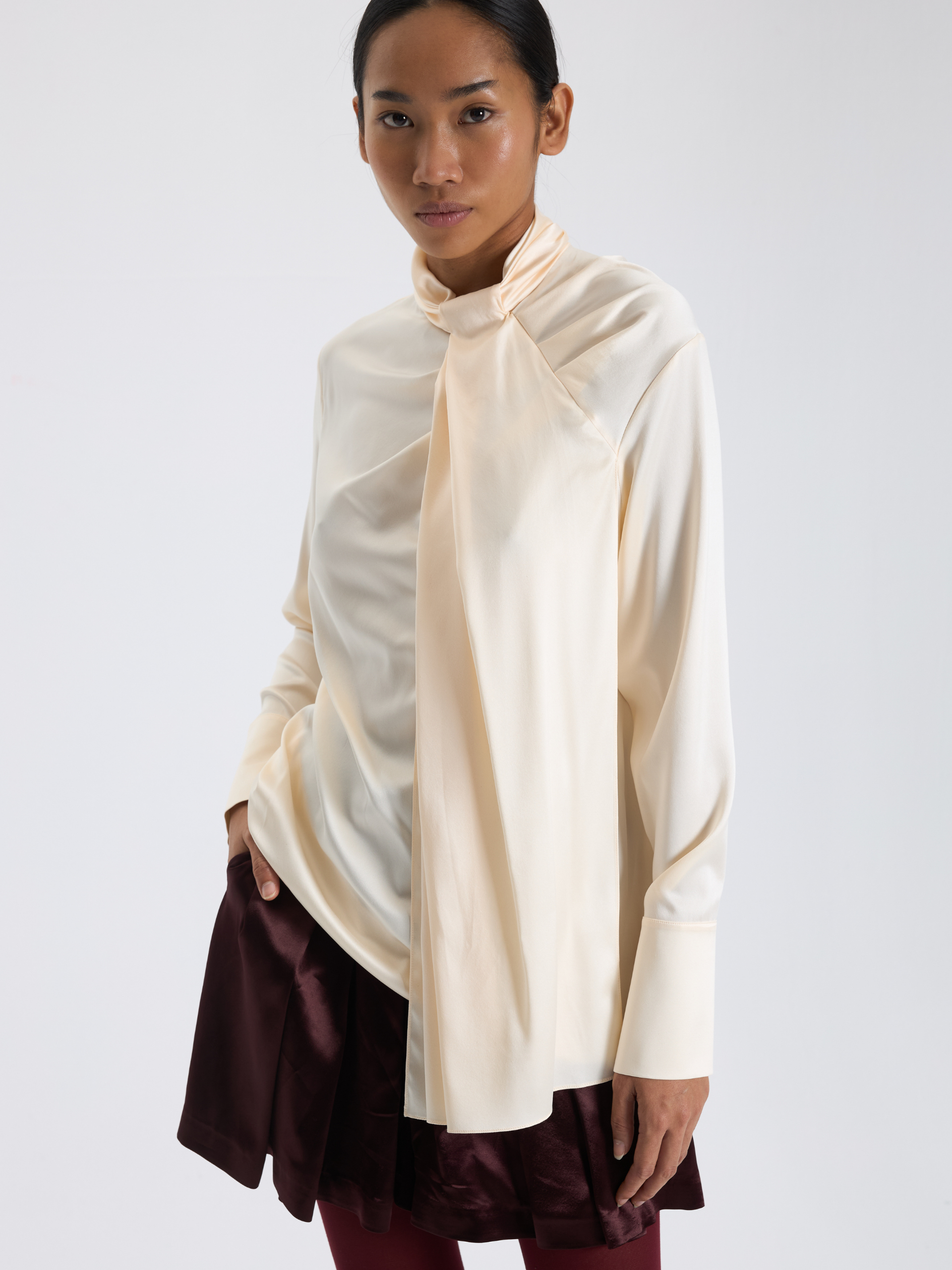 Bone-Colored Satin Scarf Blouse